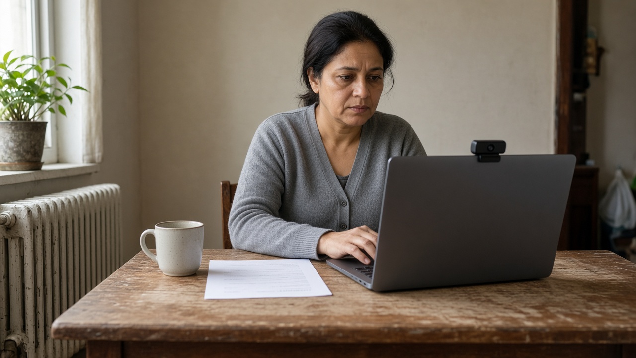 A candidate sitting a paper at her own laptop, with a camera on the screen